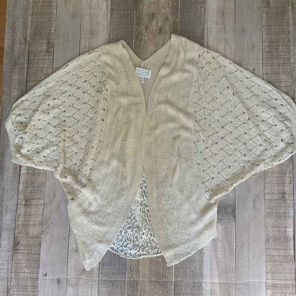 The Cue Cher Qu Natural Beige Crochet Knit Lace Inset Cotton Sweater Shrug SZ S - Picture 9 of 11